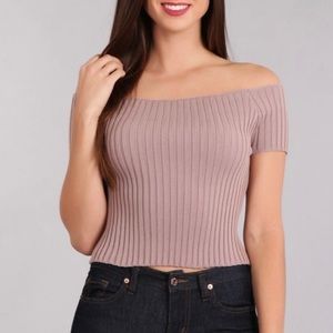 BLVD Fitted Off the Shoulder Ribbed Knit Top